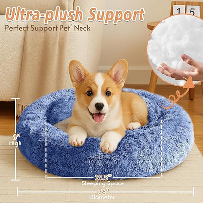 JOLLYVOGUE Calming Dog Beds Large Sized Dog, 36in Donut Washable Large Pet Bed, Anti-Slip & Anti-Anxiety Fluffy Faux Fur Round Dogs Bed, Fits up to 80 lbs Pets (Navy Blue)