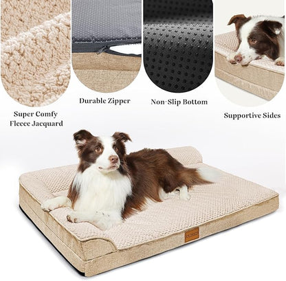 Orthopedic Dog Bed Large Sized Dog 36''X24'', Waterproof L Bolster Egg Crate Foam Pet Crate Beds with Washable Removable Cover, Non-Slip Soft Pet Couch Sleep Mat, Ivory