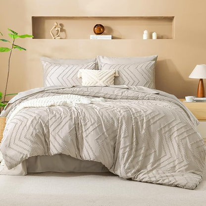 Litanika California King Size Comforter Set with Sheets Beige - 7 Pieces Bed in a Bag Cal King Chevron Tufted Complete Bedding Sets with Comforter, Sheets, Pillowcases & Shams