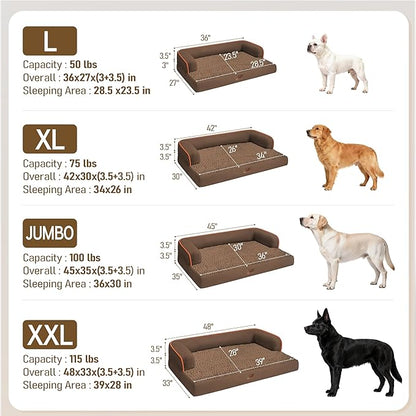 Comfort Expression Dog Bed Large Size Dog - XL Washable Orthopedic Pet Bed Waterproof Pet Couch Memory Foam Sofa Bolster with Removable Cover - 42 x 30