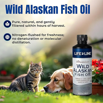 Life Line Pet Nutrition Wild Alaskan Fish Oil Omega-3 Supplement for Skin & Coat – Supports Brain, Eye & Heart Health in Dogs & Cats, 16.5oz