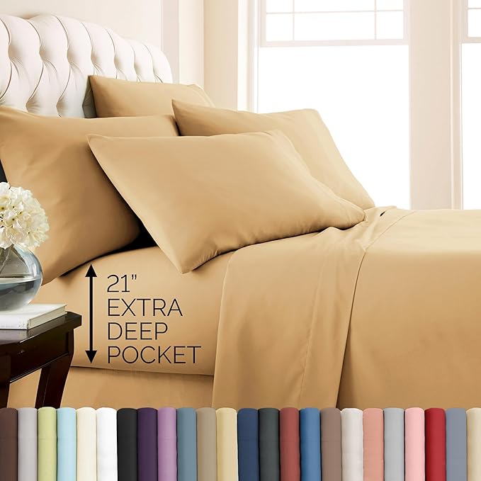 Southshore Fine Living, Inc. 21-Inch Extra Deep Pocket Sheets Twin XL Size Bed Set, 4-Piece Twin XL Sheets Set, Oversized Flat, Microfiber Bedding, Pillowcases Standard Size, Muted Gold