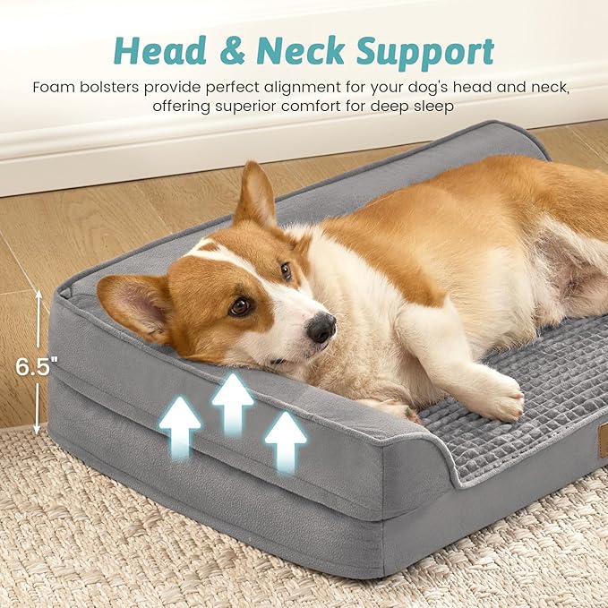 COZY KISS Orthopedic Dog Bed for Medium Small Size Dog, Dogs Crate Bed, L Shaped Foam Anti-Slip Bottom Pet Cat Sofa with Washable Removable Cover, Suitable for Pet Up to 40 lbs, 30x20x6.5 inch, Grey