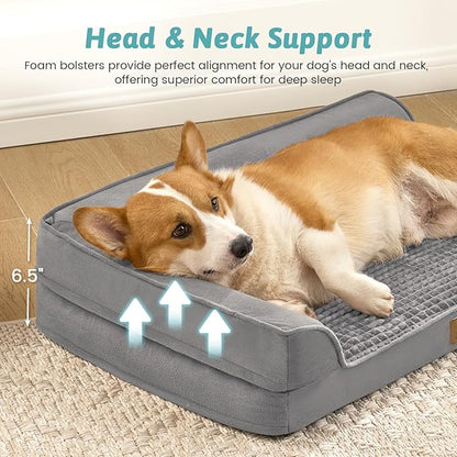 COZY KISS Orthopedic Dog Bed for Large Medium Size Dog, Dogs Crate Bed, L Shaped Foam Anti-Slip Bottom Pet Cat Sofa with Washable Removable Cover, Suitable for Pet Up to 75 lbs, 36x27x6.5 inch, Grey