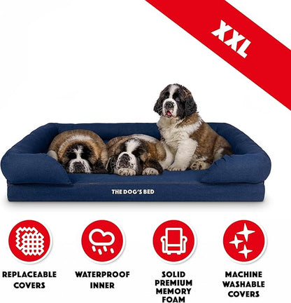 The Dog’s Bed Orthopedic Memory Foam Dog Bed with Bolsters for XXL Dogs, Waterproof Washable Cover, Anti-Slip Base, Calming Surface – CertiPUR-Certified Foam, Denim Fabric, Blue Denim, XXL