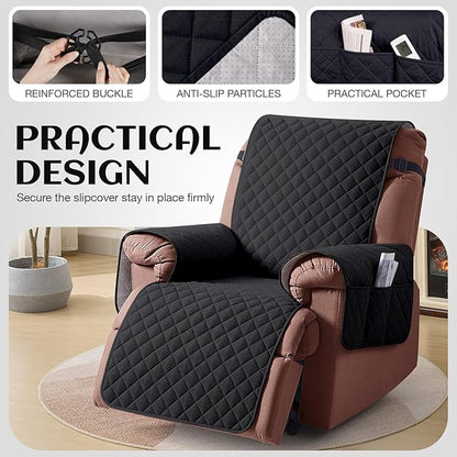 KinCam 100% Waterproof Recliner Chair Cover, Reclining Couch Covers for Pets, Dogs, Recliner Couch Slipcover Furniture Protector with Elastic Straps for Kids(30", Black)