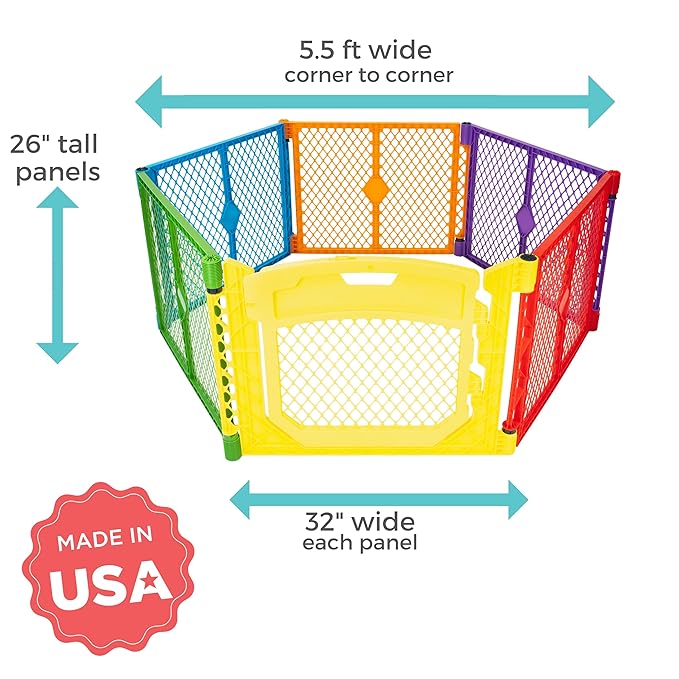 Toddleroo by North States - Superyard Colorplay Ultimate Play Yard: Freestanding 6 Panel Baby Playpen - Indoor/Outdoor Use - Made in USA - Encloses Up to 18.5 Square Feet - 26 Inches Tall - Colorplay