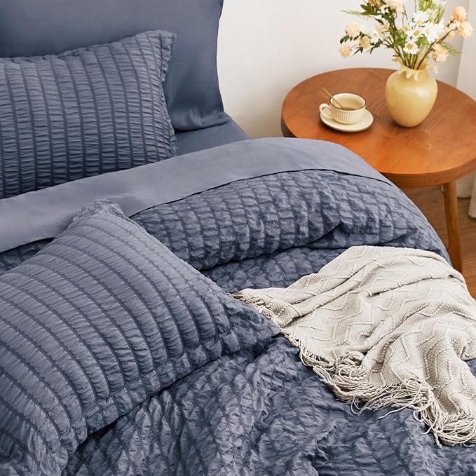 Love's cabin Seersucker Navy Blue Queen Comforter Set, 7-Piece All Season Lightweight Bed in a Bag Bedding Set with Comforter, Flat Sheet, Fitted Sheet, Pillowcases and Shams | Soft, Breathable, Lightweight