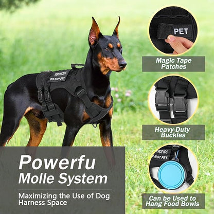 No Pull Tactical Dog Harness for Small Dogs, Escape Proof Molle Dog Vest Harness and Leash Set, Adjustable Military Service Dog Harness with Handle for Medium Large Dogs(Black, M)