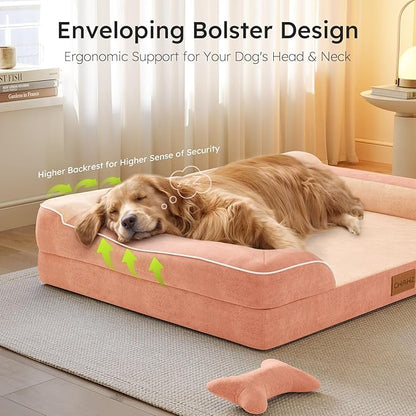 CWAWZ Extra Large Dog Bed, Orthopedic Dog Bed with Cooling Gel Memory Foam, Waterproof XL Pet Bed with Removable Washable Cover, 42" Pet Sofa Couch Dutch Velvet with Bone Toy, Peach Pink