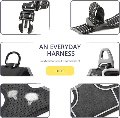 HEELE Dog Harness, No Pull Adjustable Padded Reflective Harness for Small Medium Large Dogs with Handle for Walking Training, Black, L