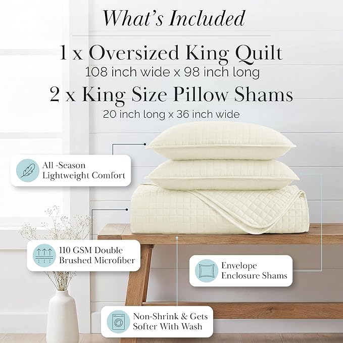 Southshore Fine Living, Inc. Oversized King Quilt Bedding Set, Soft Quilted Comforter, Wrinkle Free and Pet Hair Resistant Bedding, Quilted Coverlet Set w/2 Pillow Shams, Cream Quilt King Bedspread