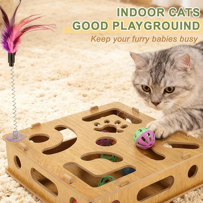 Cat Toys for Indoor Cats, Interactive Wooden Puzzle Toy Box, Stimulate Hunting Drives and Reduce Boredom, Wood Color