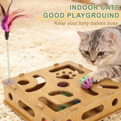 Cat Toys for Indoor Cats, Interactive Wooden Puzzle Toy Box, Stimulate Hunting Drives and Reduce Boredom, Wood Color