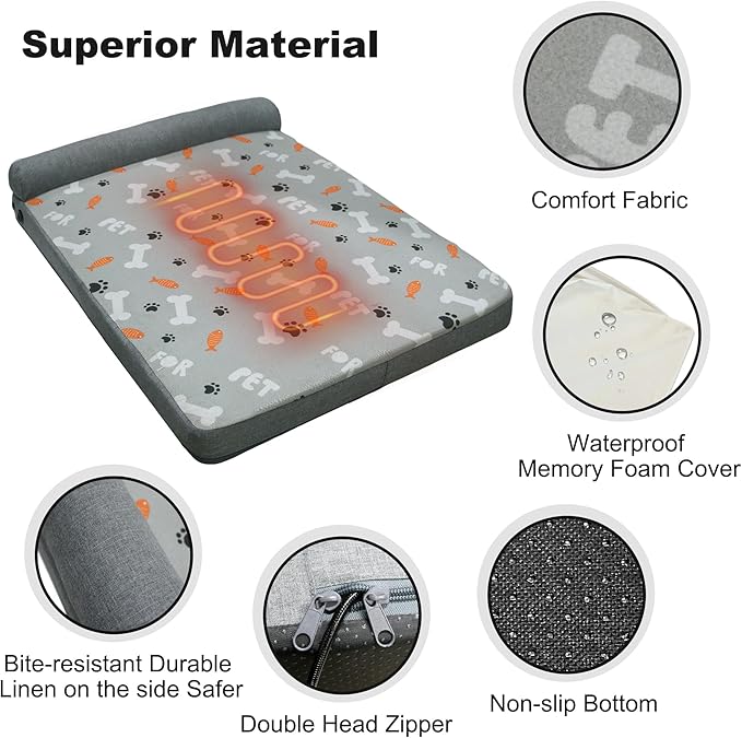 Heated Dog Bed, Electric Oversize Heating Arthritis Orthopedic Dog Bed with Thickened Memory Foam, Heated Pet Bed with Waterproof Cover for Medium Large Dogs, 35"*26.5"*3.5"