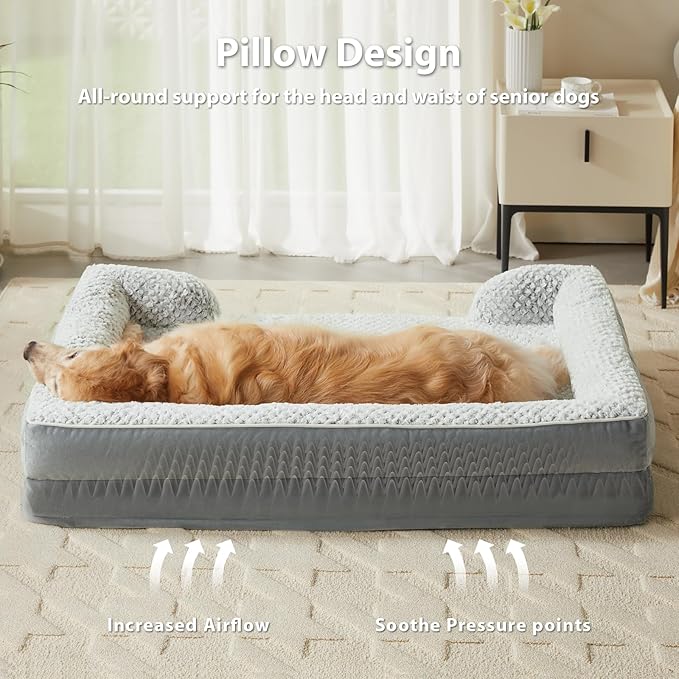 LEXTRO Orthopedic Dog Beds for Large Dogs,Waterproof Dog Bed, Egg Crate Foam Bed for Large Dogs, Big Pet Bed with Washable Removable Waterproof Pillow Cover and Anti-Slip Bottom, Grey