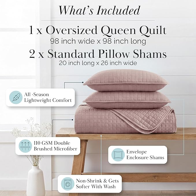 Southshore Fine Living, Inc. Full/Queen Quilt Set, Full Size Quilts with 2 Matching Pillow Shams, Lightweight Quilt Coverlet, Lightweight, Easy Care Machine Washable Queen Size Bedspread, Lavender