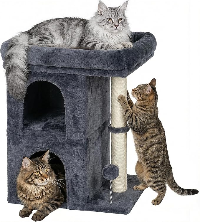 Aechonow Cat Tree for Large Cat, 19 * 16.5In Large Cat Perch, Adult Cat Tower for Indoor Cats with 24In Long Scratching Post, 2 Cozy Cat Condo House for Adult & Fat Cats, Dark Gray