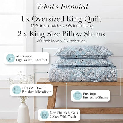 Southshore Fine Living, Inc. Oversized Quilt King Size Bedding Set, Lightweight Comforter, Cal King Quilt Coverlet & 2 Matching Quilted Pillow Shams, Blue Paisley Comforter Set, Pure Melody Aqua