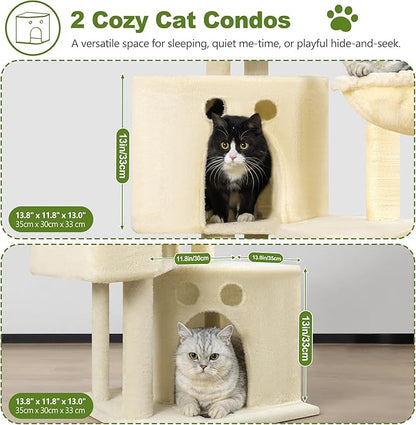 Small Cat Tree Tower for Indoor Cats, 40 in Medium Compact Adults Cat Beds Trees with 2 Condos, Sisal Scratching Post, Large Perch Platform, Multi-Level Kitty Kitten Climbing Stands House(Beige)