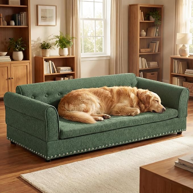 Elevated Dog Sofa for Medium to Large Dogs, Button Tufted Dog Couch Bed with Backrest and Armrests, Durable Memory Foam Pet Bed, Removable Cushion for Medium and Large Dogs, Green