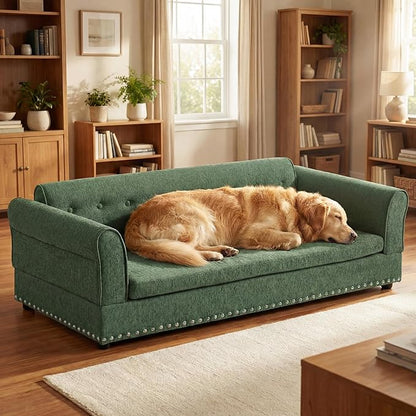 Elevated Dog Sofa for Medium to Large Dogs, Button Tufted Dog Couch Bed with Backrest and Armrests, Durable Memory Foam Pet Bed, Removable Cushion for Medium and Large Dogs, Green