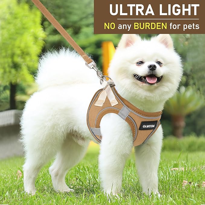 GAMUDA Small Pet Harness Collar and Leash Set, Step in No Chock No Pull Linen Fabric Soft Mesh Dog Vest Harnesses Reflective for Dogs Puppy Cats Kitten Rabbit (Brown, S)