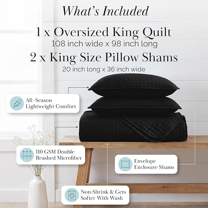 Southshore Fine Living, Inc. Oversized King Quilt Bedding Set, Microfiber Quilts, Pet Hair Resistant Bedding, Oversized King Size Quilt Set w/2 Pillow Shams, Black Bedspread & Coverlet Sets