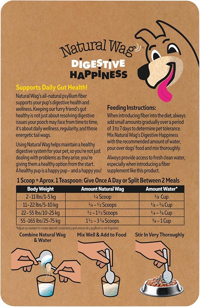 Natural Wag Digestive Happiness 100% All-Natural Psyllium Husk Powder for Dogs - Single Ingredient Fiber Dog Food Topper Mix-in - Aids Regularity and Gut Health, Supports Digestion & Elimination