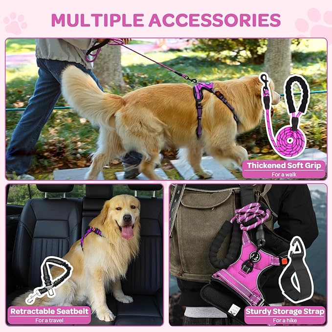 FURRYFECTION Plaid Dog Harness for Large Dogs, Reflective No Pull Adjustable Pet Vest with Front Clip, Leash, Easy Control Handle and Seat Belt, Rose, XL