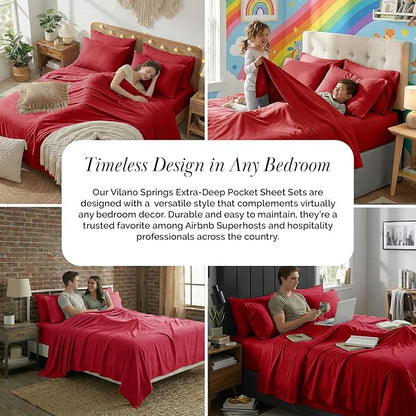 Southshore Fine Living, Inc. 4-Piece Microfiber Sheets Twin Size Bed Set, 21-Inch Deep Pocket Twin Sheet Set, Extra Deep Pocket Fitted Sheet, Red Pillow Cases Standard Size, Red Sheets, Chili Pepper
