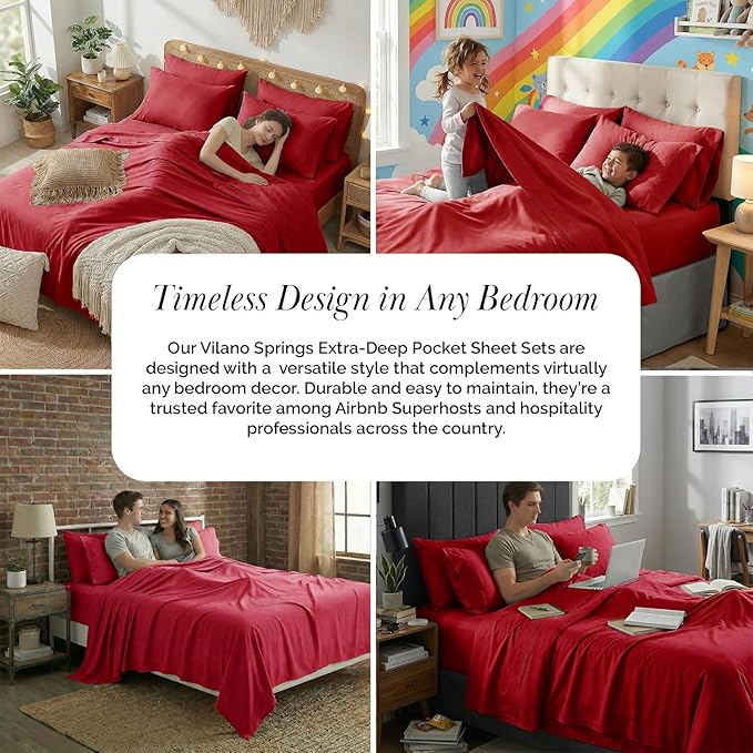 Southshore Fine Living, Inc. Extra Deep Pocket Twin XL Bed Sheets, 4-Piece Ultra Soft Red Sheets with 21" Deep Twin Fitted Sheet, Oversize Flat Sheet, 2 Pillowcases, Chili Pepper