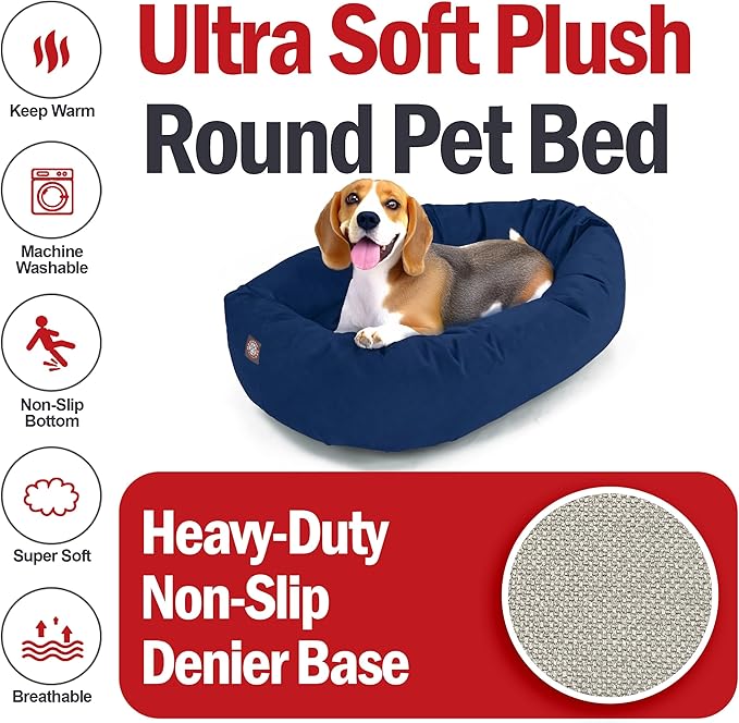 Majestic Pet 32 Inch Suede Calming Dog Bed Washable – Cozy Soft Round Dog Bed with Spine Support for Dogs to Rest Their Head - Fluffy Donut Dog Bed 32x23x7 (Inch) - Round Pet Bed Medium – Navy (2025)