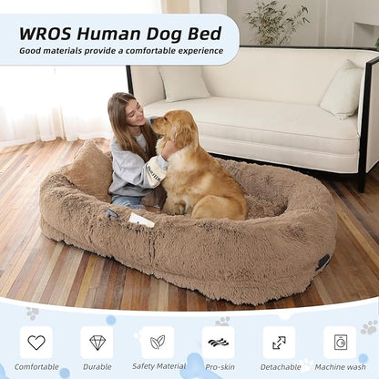 WROS Human Dog Bed, Large Dog Beds for Humans Size Fits You and Pets, Washable Faux Fur Orthopedic Human Pet Bed for People Doze Off, Napping, Present Pillow, Blanket, Strap - Khaki
