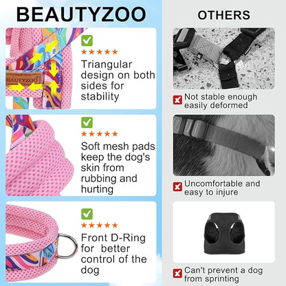 BEAUTYZOO Dog Harness for Small Dogs,No Pull Dog Harness and Leash Set,Soft Escape Proof Puppy Vest Harness with Handle,Reflective Lightweight Step in Harness for Girl Boy Dogs,Pink_Print S
