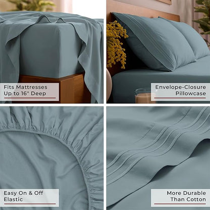 Mellanni Queen Sheet Set - 6-Piece Iconic Collection Bedding, (Including 4 Pillowcases), 16-Inch Deep Pocket, Easy Care, Extra Soft, Cooling Sheets, Brushed Microfiber - Spa Blue