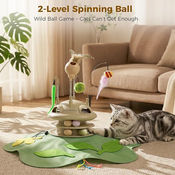Interactive Cat Toy for Indoor Cats, 6-in-1 Hide and Seek Automatic Cat Toys With Moving Feather, Spring Teaser and Treat Dispensing, Dual Track Balls with Chirping for All Breeds, Rechargeable