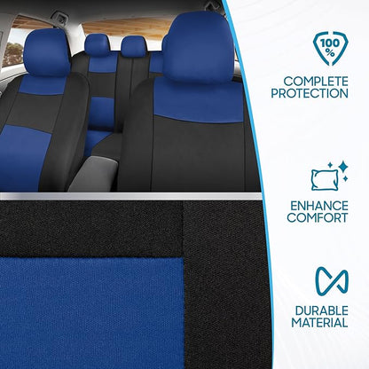 BDK PolyPro Car Seat Covers Full Set in Blue on Black, Front and Rear Split Bench Seat Covers for Cars, Easy to Install Car Seats Cover Set and Accessories for Auto Trucks Van SUV - Blue