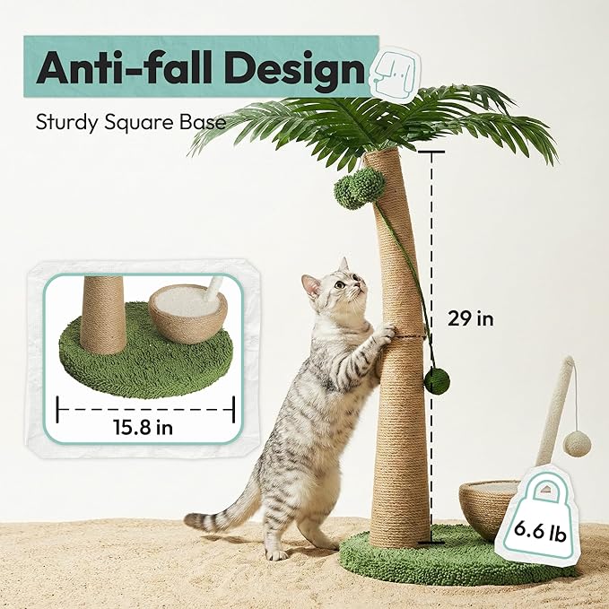 33" Tall Cat Scratching Post, Natural Jute Cat Scratcher for Indoor Cats,Coconut Tree & Straw Design with Hanging Toy Ball & Rest Platform,Stable Furniture Protector for Kittens & Adult Cats,M