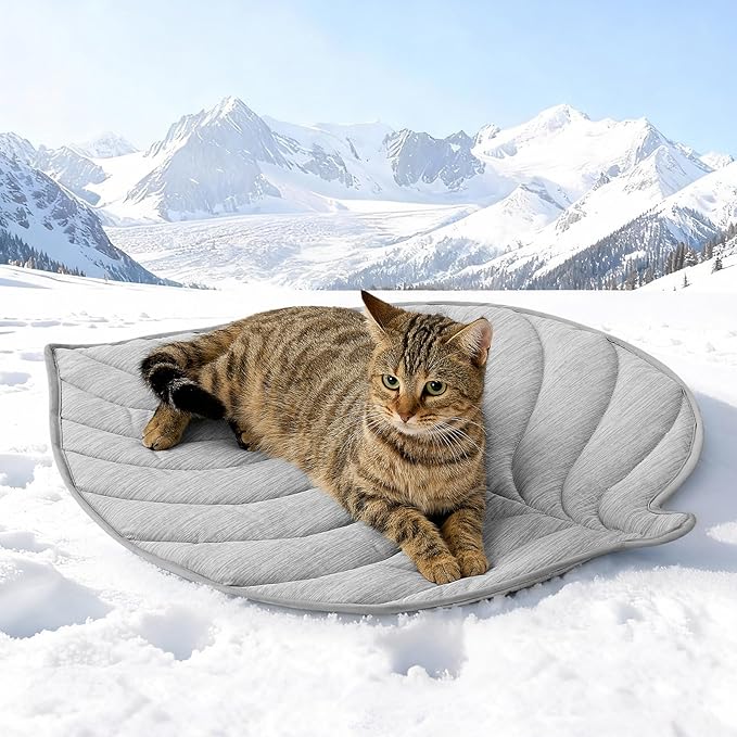 COZY KISS Dog Cooling Mat, Q-Max > 0.4 Leaf Shaped Pet Pad, Liquid Pee Proof Summer Mat for Cats, Washable Sleep Blanket for Bed Couch Floor Indoor, 27x23 inch, Silver Grey