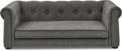 Elevated Dog Sofa with Backrest and Armrests, Button Tufted Dog Couch Bed with Soft Cushion for Medium Dogs, Stylish Lounging Bed Pet Couch Chair, 60Lbs Weight Capacity, Dark Gray