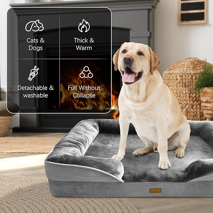 Spotted Play Orthopedic Dog Bed with Sides - Dog Sofa Beds for Extra Large Dogs, Supportive Foam Pet Couch Bed with Washable Removable Cover, Waterproof Lining and Non-Slip Bottom, Grey - XL