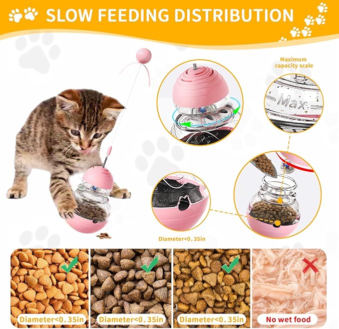 Cat Interactive Toys Engaging Wand, Slow Food Treat Dispenser, and Tumbler Design for Indoor Cats Durable, Non-Toxic, Ideal for Exercise and Boredom Relief Gift for Kitten, Pink