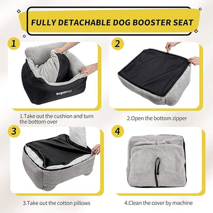 BurgeonNest Dog Car Seat for Small Dogs, Soft Pet Car Travel Home Bed Under 25 lbs, Fully Detachable and Washable Cat Booster Carseats with Storage Pockets and Clip-On Leash Portable Carrier,Black