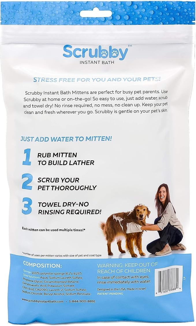 Scrubby Pet No Rinse Pet Wipes | Rinse Free Shampoo Mittens | Dogs & Cats | Bath Wipes - Bathing & Washing Pets, Hypoallergenic | No Rinse Wash Mitt | Grooming, Lather Wipe Dry - Pack of 15