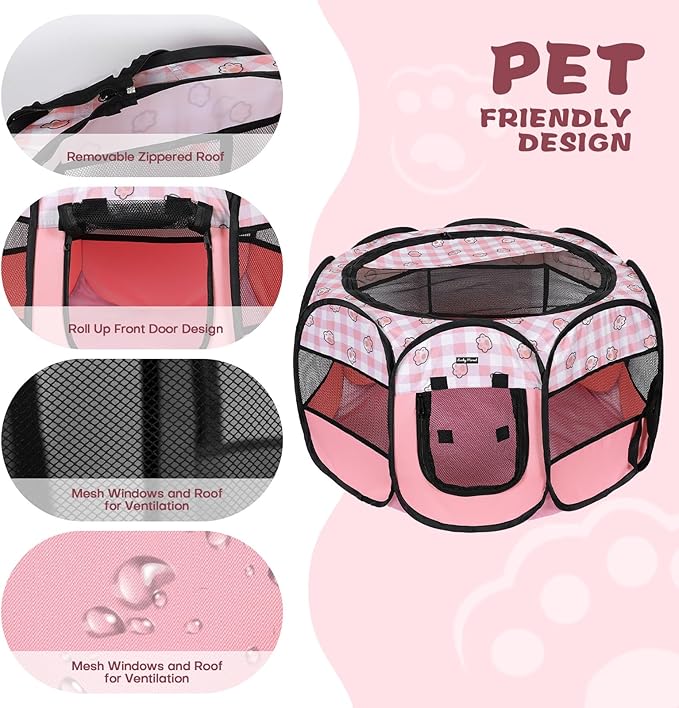 Lucky Monet Foldable Dog Playpen Cat Puppy Playpen Indoor Pop Up Pet Animal Playpen Outdoor Kennel Cage Pen Tent for Small Medium Dog Puppy Cat Kitten Rabbit - Large, Pink