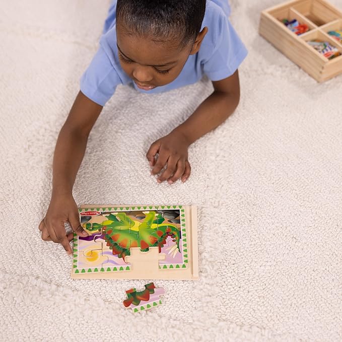 Melissa & Doug 4‑in‑1 Wooden Dinosaur Jigsaw Puzzle Set, 48 Pieces with Storage Box, Toddler Puzzle Toy for Kids Ages 3+ - FSC Certified