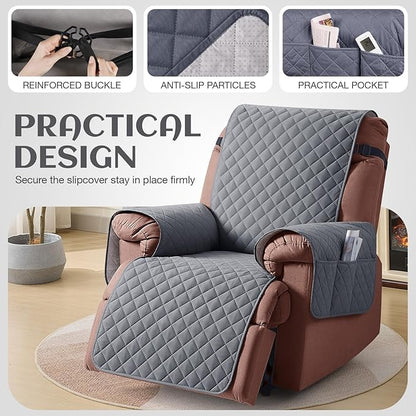 KinCam 100% Waterproof Recliner Chair Cover, Reclining Couch Covers for Pets, Dogs, Recliner Couch Slipcover Furniture Protector with Elastic Straps for Kids(25", Dark Gray)