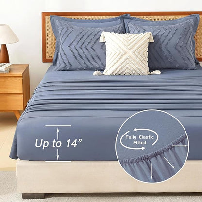 Litanika Queen Size Comforter Set with Sheets Bluish Grey - 7 Pieces Bed in a Bag Queen Chevron Tufted Complete Bedding Sets with Comforter, Sheets, Pillowcases & Shams
