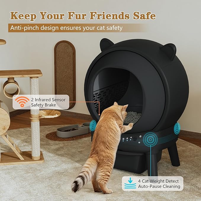 PUPETPO Self Cleaning Litter Box, Automatic Cat Litter Box for Multiple Cats, Auto Litter Box Robot with APP Control, Dual Safety Sensors, Odor Control&Low Noise, Cat Ears Design, Dark Grey